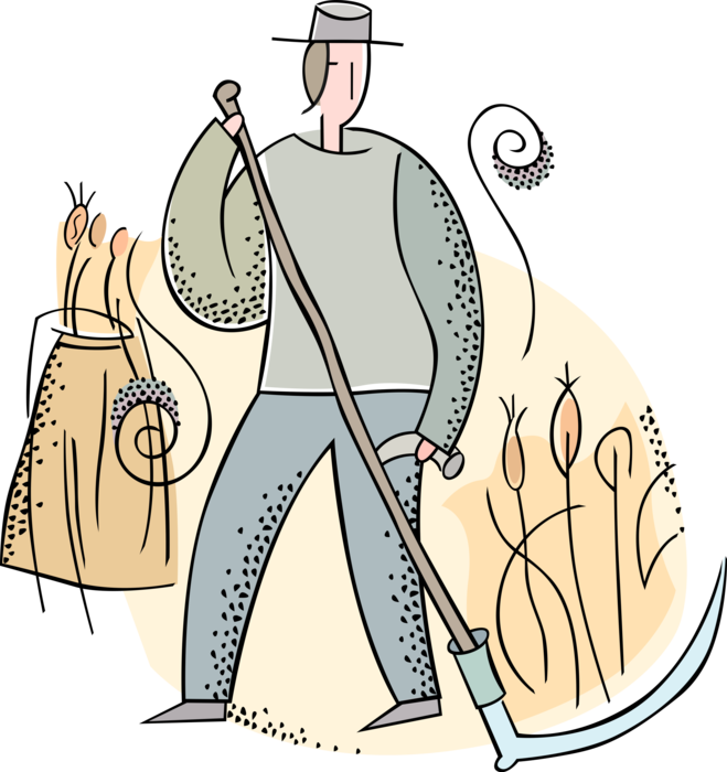 Vector Illustration of Farmer with Scythe Harvests Wheat Grain Crop on Farm