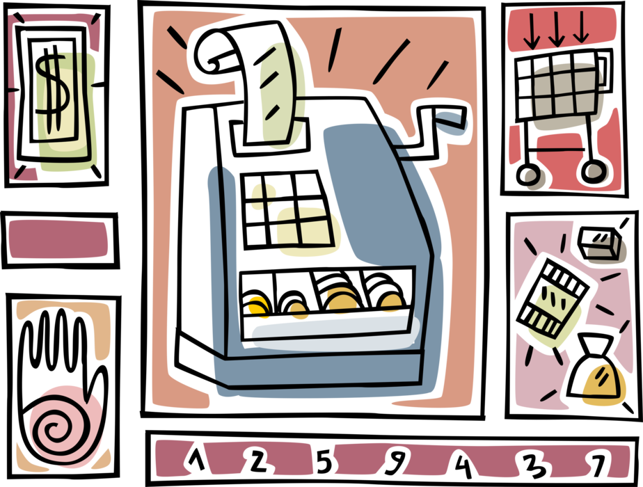Vector Illustration of Retail Shopping Cash Register with Money and Exchange of Goods