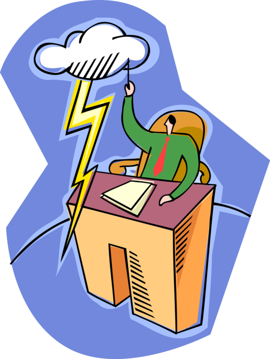 Vector Illustration of Businessman at Desk Conjures Storm Clouds and Lightning