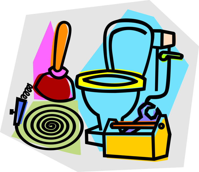 Vector Illustration of Plumbers Plumbing Tools with Plunger, Snake Flexible Auger, Toolbox and Toilet