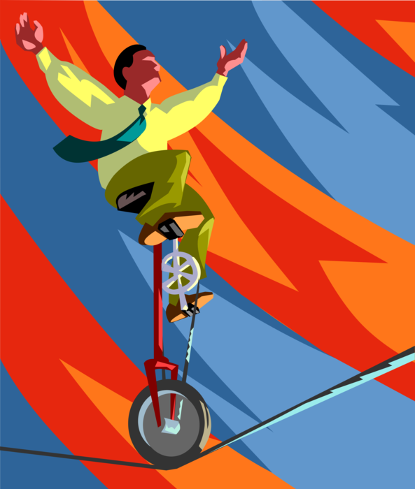 Vector Illustration of Businessman Circus Performer Rides Unicycle on Highwire