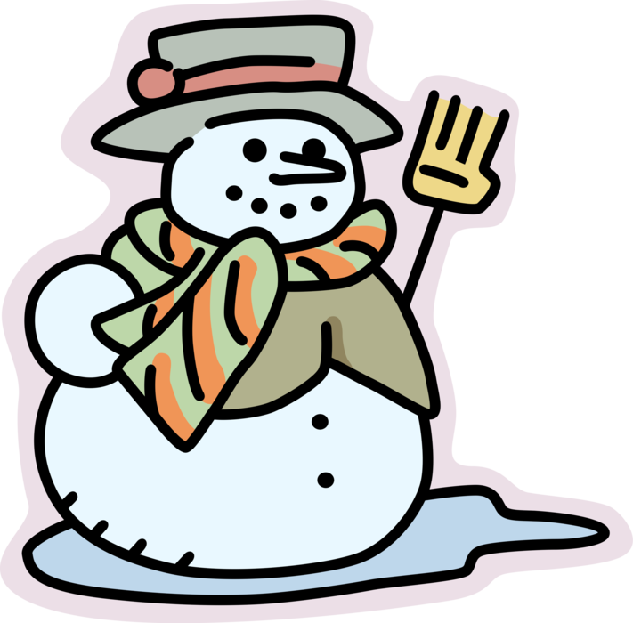 Vector Illustration of Snowman Anthropomorphic Snow Sculpture with Scarf, Hat, and Broom