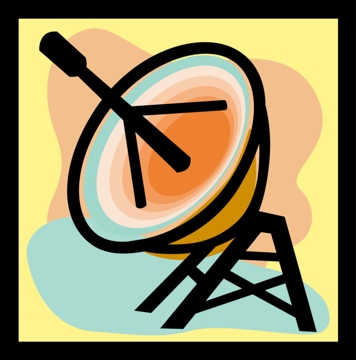 Vector Illustration of Satellite Dish Parabolic Antenna Send and Receive Electromagnetic Signals
