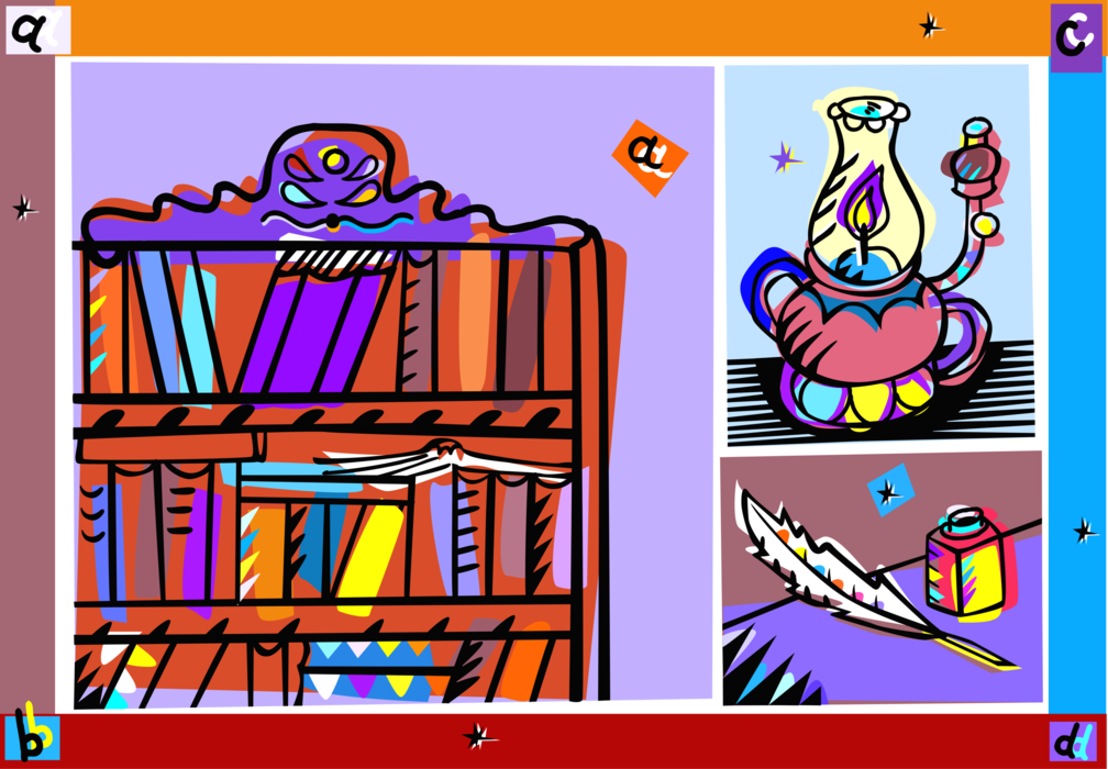 Vector Illustration of Books in Bookcase with Oil Lamp Hurricane Lantern and Writing Quill
