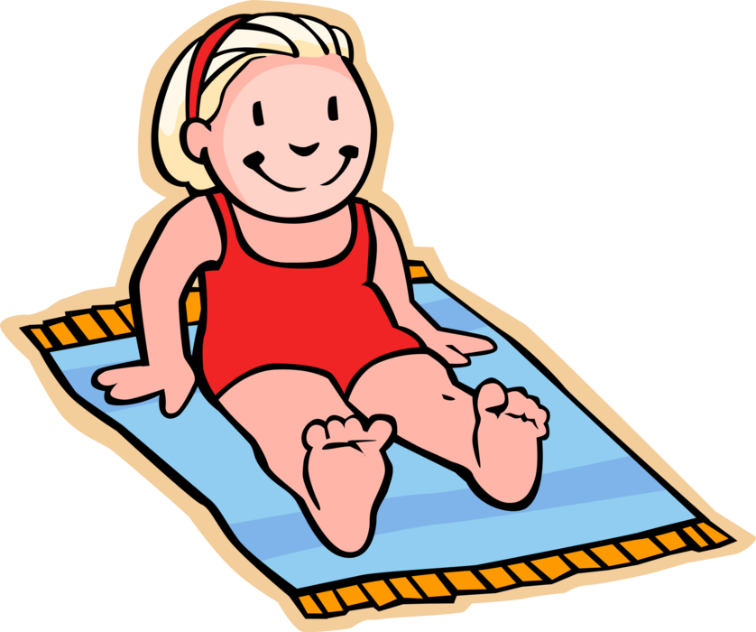 Vector Illustration of Primary or Elementary School Student Girl on Beach Towel, Sun Bathing