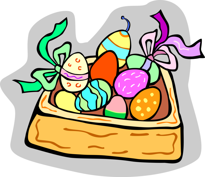 Vector Illustration of Colored Easter Eggs in Basket with Ribbons