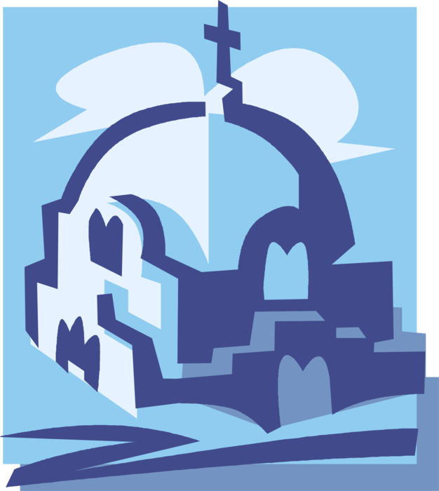 Vector Illustration of Greek Orthodox Christian Church on Greek Cyclades Island of Santorini in Aegean Sea