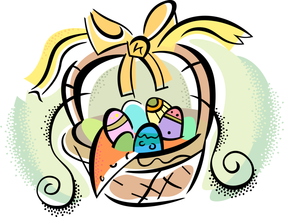 Vector Illustration of Easter Basket with Ribbon Bow and Decorated Pascha Eggs Celebrate Resurrection of Jesus Christ