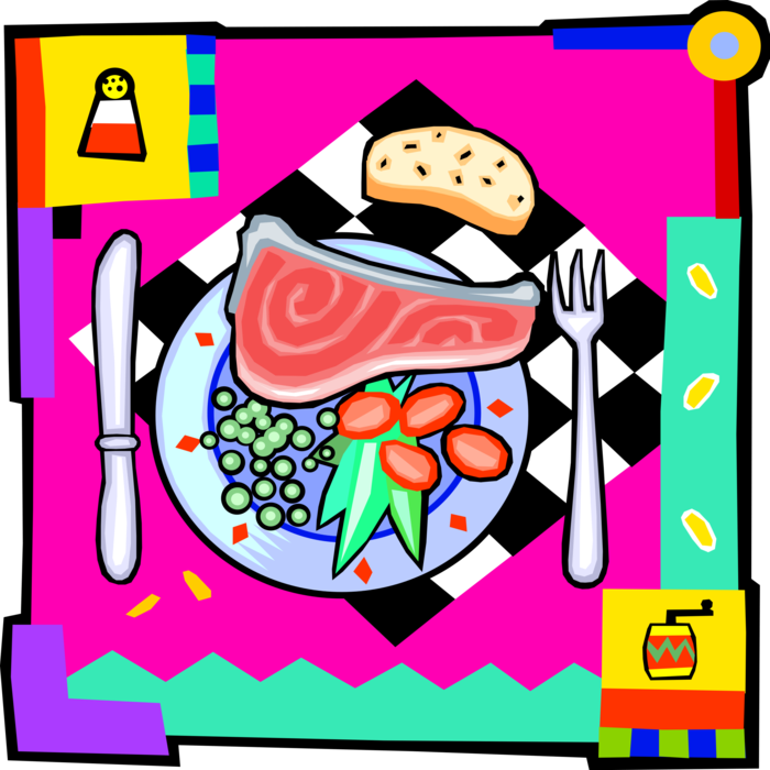 Vector Illustration of Steak Dinner on Checkerboard Tablecloth with Knife and Fork