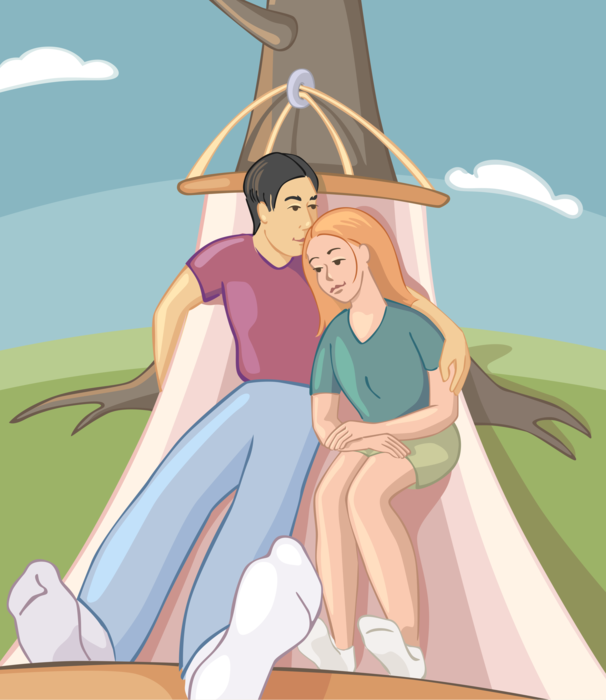 Vector Illustration of Romantic Couple Snuggles and Relaxes in Hammock Outdoors