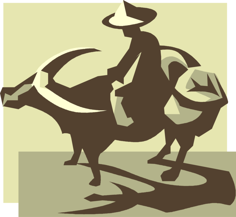 Vector Illustration of Asian Peasant Farmer and Water Buffalo