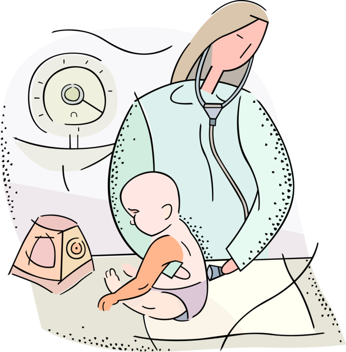 Vector Illustration of Pediatrician Provides Medical Care with Stethoscope to Infant Newborn Baby in Hospital