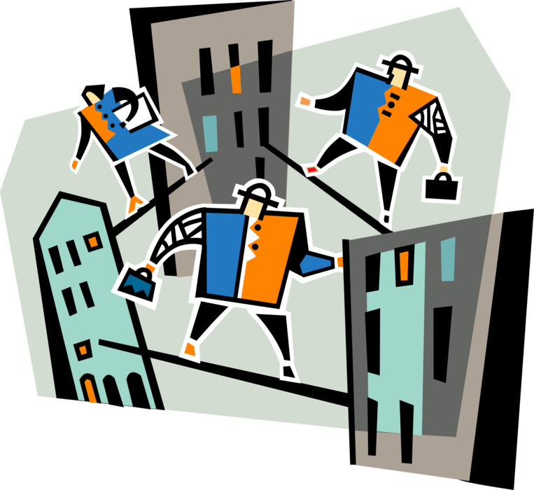 Vector Illustration of Business Highwire Tightrope Walkers Balancing on Wire Between Office Buildings