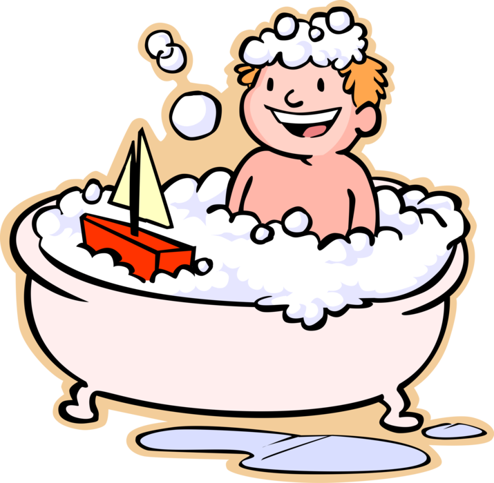 Vector Illustration of Primary or Elementary School Student Boy Take Bubble Bath in Bathtub