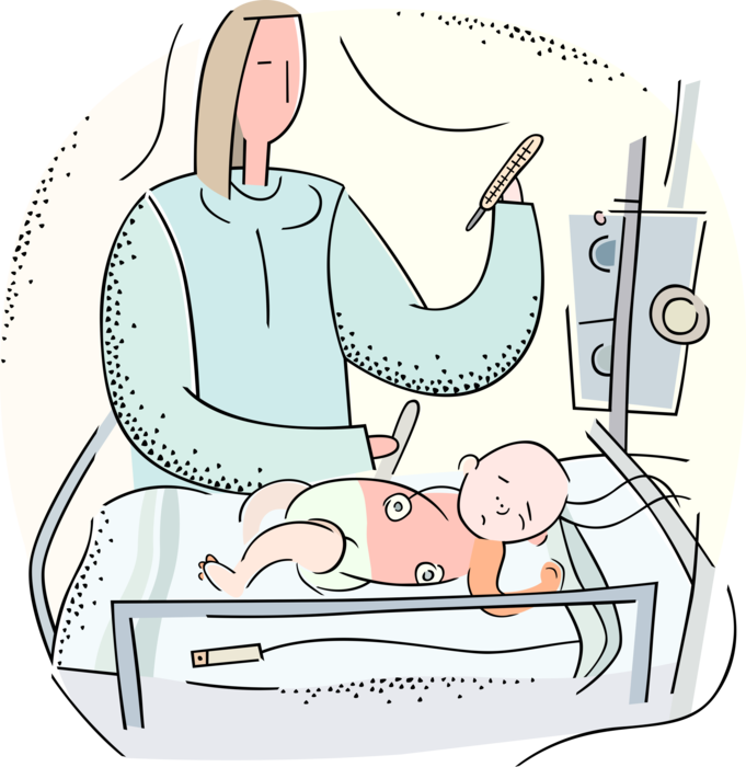 Vector Illustration of Health Care Professional Doctor Physician with Newborn Baby in Hospital Maternity Ward