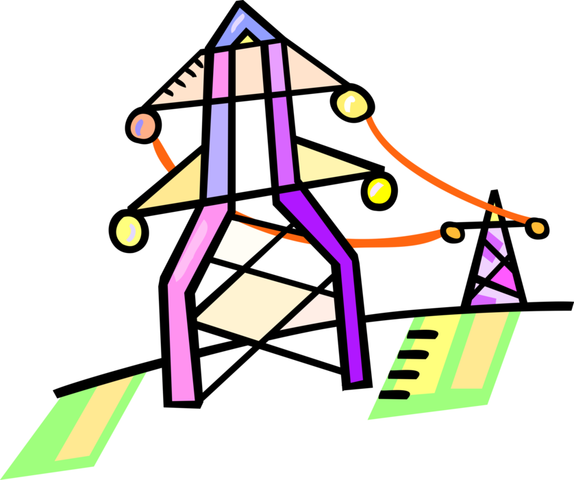 Vector Illustration of Transmission Tower Carries Electrical Power Lines to Distribute Electricity