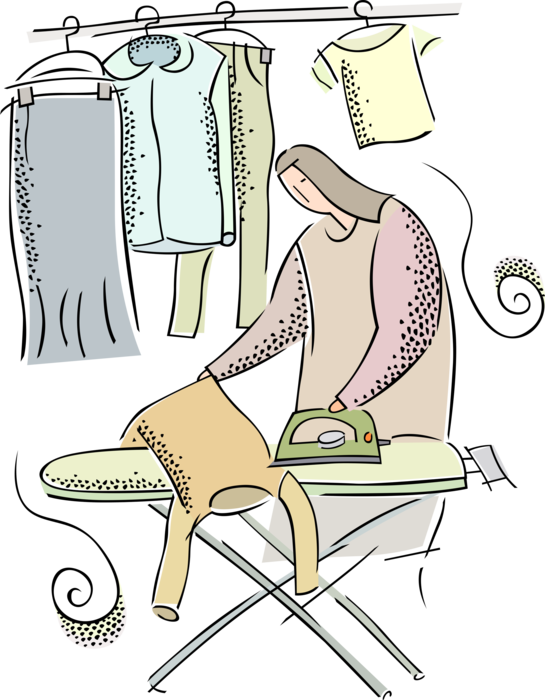 Vector Illustration of Woman Irons Laundry Clothes with Iron on Ironing Board