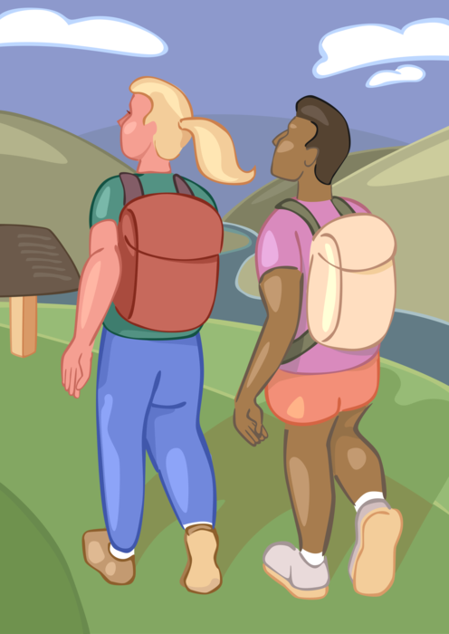 Vector Illustration of Hikers Hiking with Knapsack Backpacks
