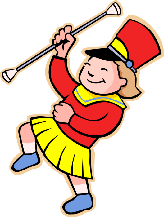 Vector Illustration of Primary or Elementary School Student Girl Drum Major Leading the Band with Baton