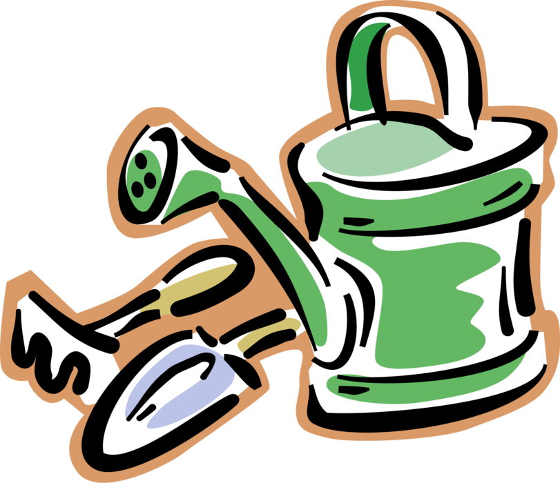 Vector Illustration of Watering Can with Gardening Tool Trowel and Digging Rake