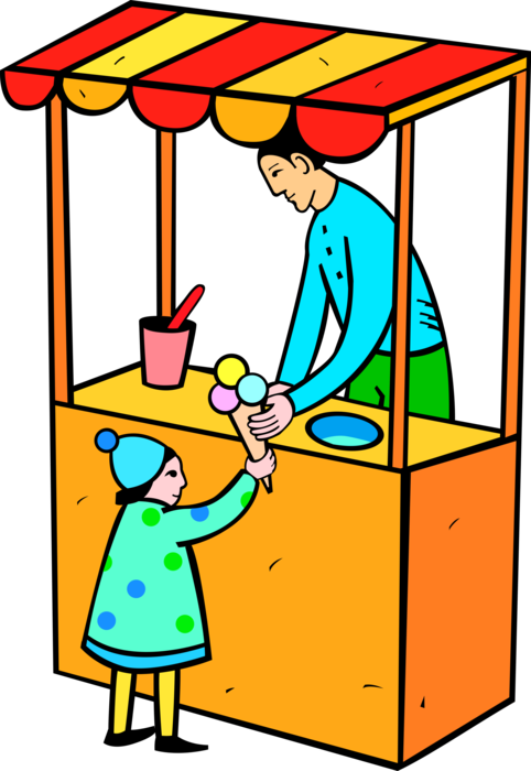 Vector Illustration of Child Buys Ice Cream Cone from Vendor
