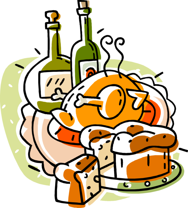 Vector Illustration of Thanksgiving Roast Turkey Dinner with Bottles of Wine and Dessert Cake