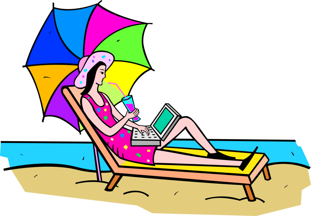 Vector Illustration of Woman Relaxes with Book in Lounge Chair and Umbrella on Beach