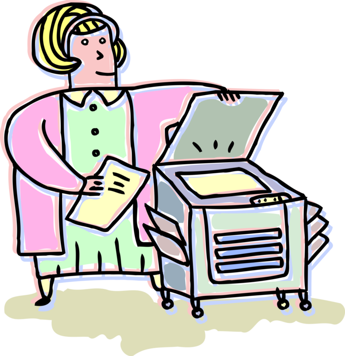 Vector Illustration of Businesswoman Photocopies Document at Office Photocopier