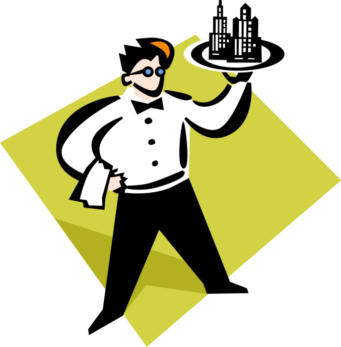 Vector Illustration of Restaurant Maître d'hôtel Waiter with Serving Tray and Economy Market