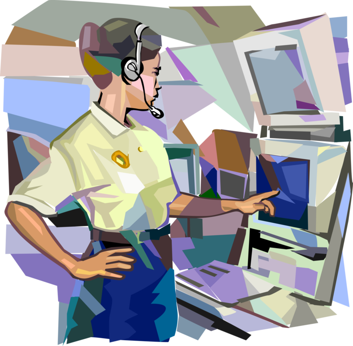 Vector Illustration of Law Enforcement Police Officer Cop Monitors Information Systems Computer Screens