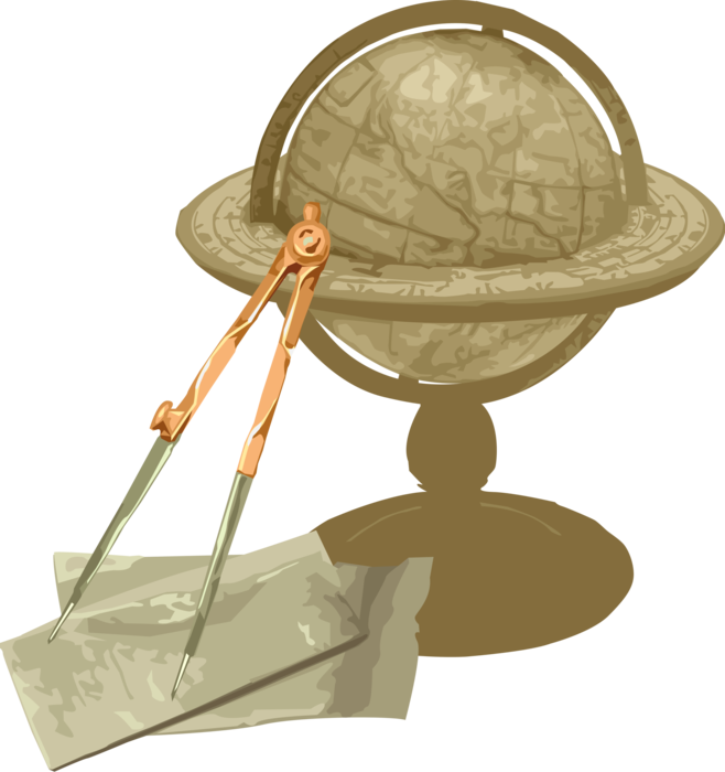 Vector Illustration of Geographical Scale Model Terrestrial World Globe with Navigation Chart Maps and Measurement Compass
