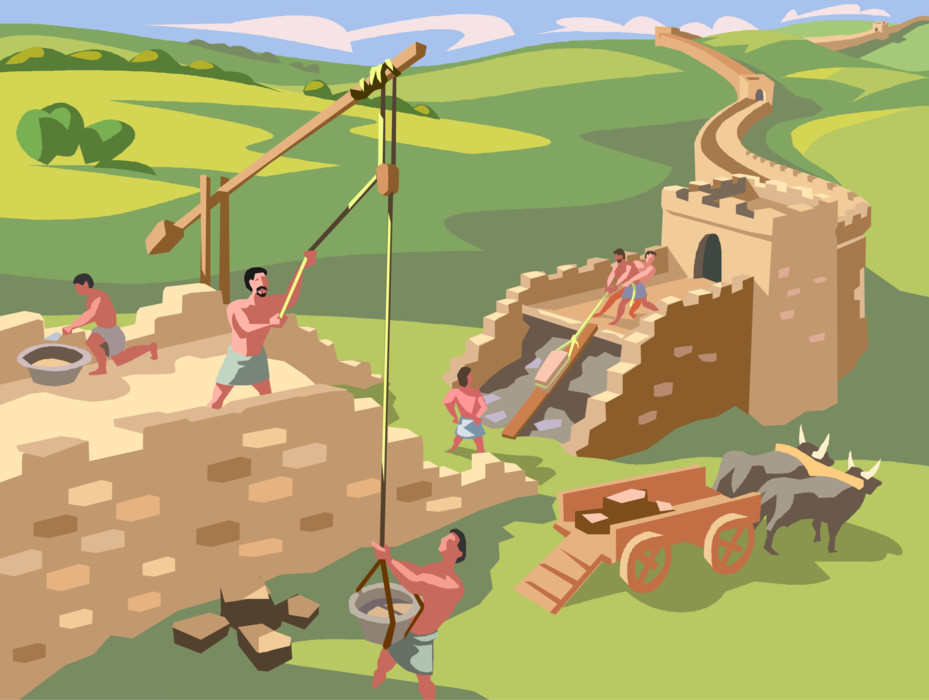 Vector Illustration of Workers Building Great Wall of China Fortification from Ming Dynasty