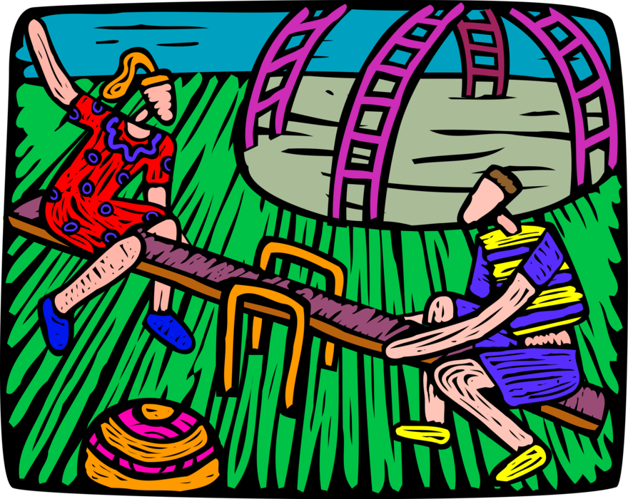 Vector Illustration of Children Playing in Playground on Teeter Totter
