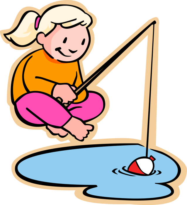 Vector Illustration of Primary or Elementary School Student Girl Fishing with Rod and Float or Bobber