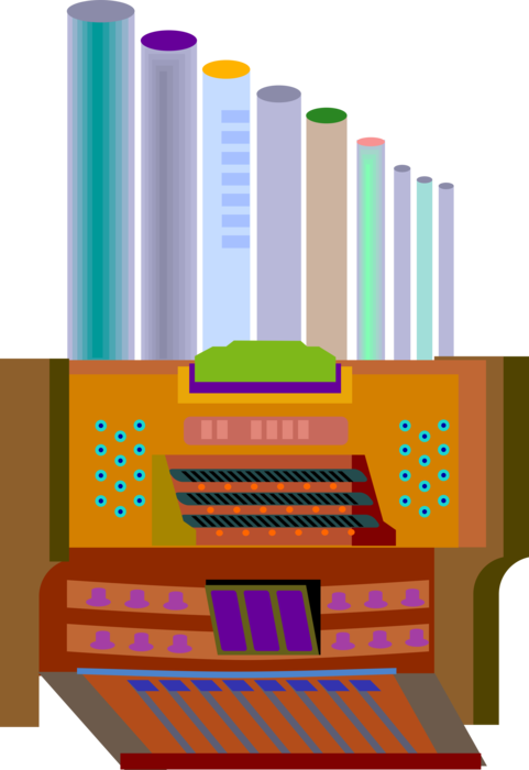 Vector Illustration of Christian Religion Church Pipe Organ Driving Pressurized Air Wind Through Organ Pipes