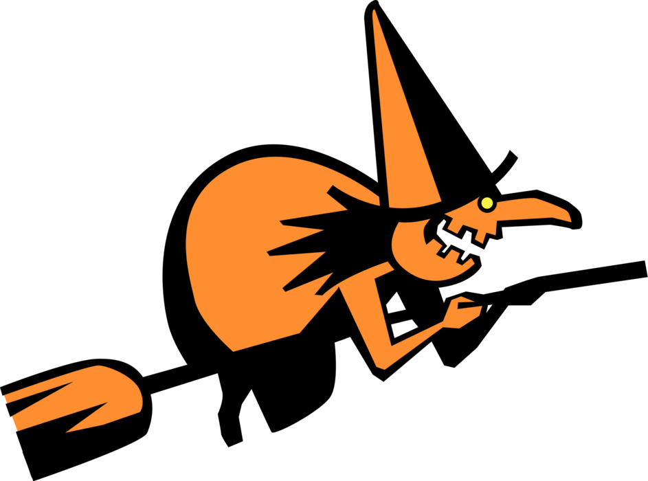 Vector Illustration of Halloween Sorceress Witch Flying on Broomstick