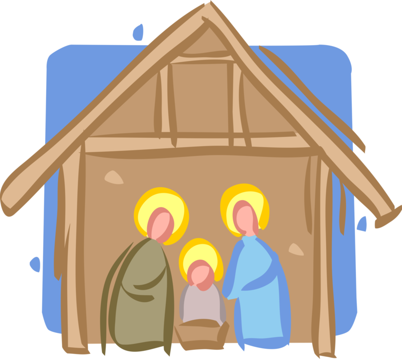 Vector Illustration of Festive Season Christmas Nativity Scene with Baby Jesus, May and Joseph in Manger