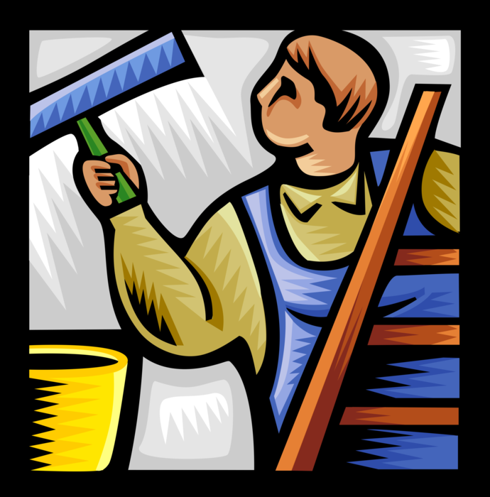 Vector Illustration of Maintenance Worker Window Cleaner Washing Windows