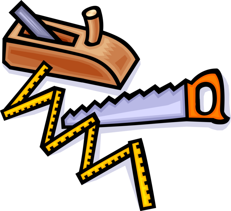 Vector Illustration of Carpentry and Woodworking Handsaw with Wood Planer and Ruler
