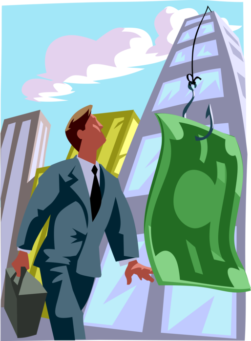 Vector Illustration of Businessman Enticed and Motivated by Almighty Dollar Incentive on Fish Hook