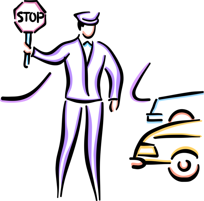 Vector Illustration of School Crossing Guard Stops Automobile Traffic at Crosswalk