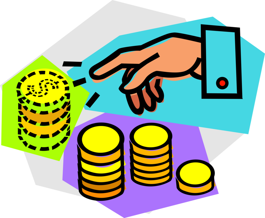 Vector Illustration of Hand with Stacks of Currency Money Coins