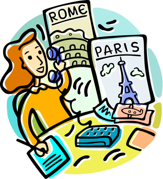 Vector Illustration of Travel Agent Books Vacations with Telephone and Travel Destination Posters