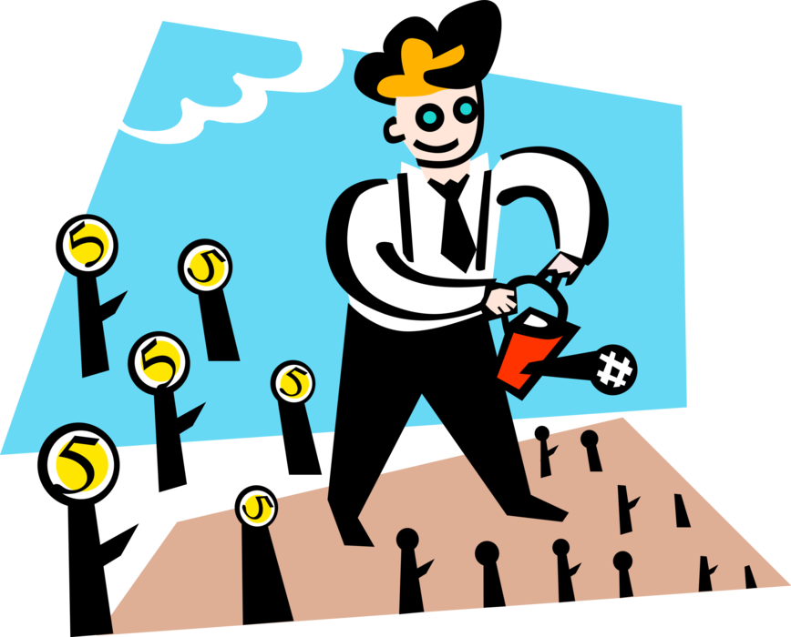 Vector Illustration of Businessman Watering Money Trees with Watering Can
