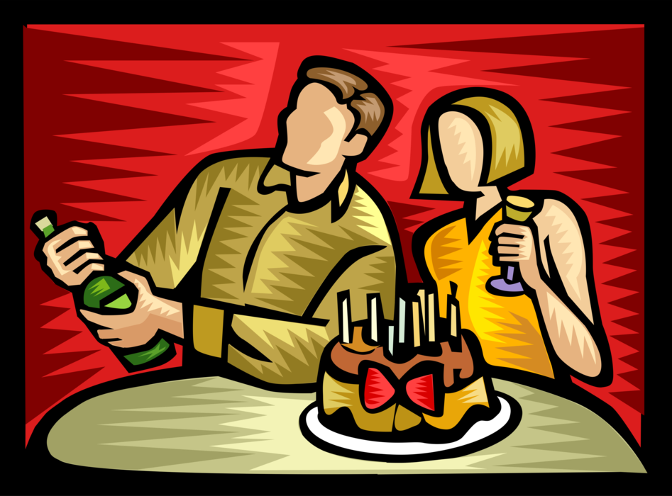 Vector Illustration of Couple Celebrate Birthday or Anniversary with Champagne Toast Celebration
