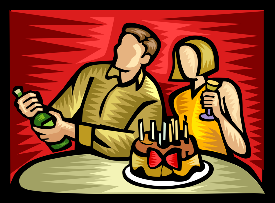 Vector Illustration of Couple Celebrate Birthday or Anniversary with Champagne Toast Celebration