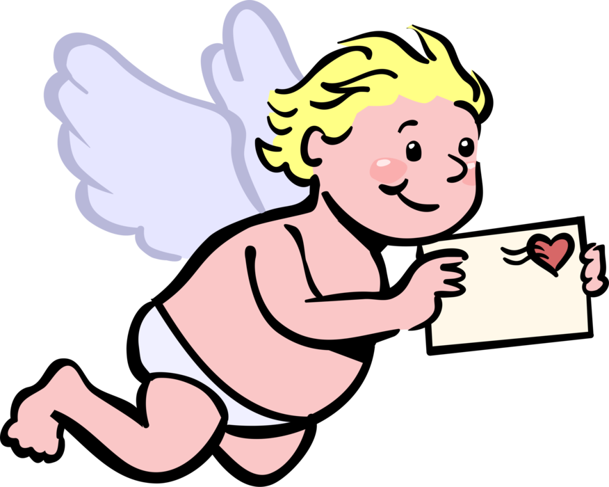 Vector Illustration of Winged Cupid Angel God of Desire and Erotic Love with Love Letter