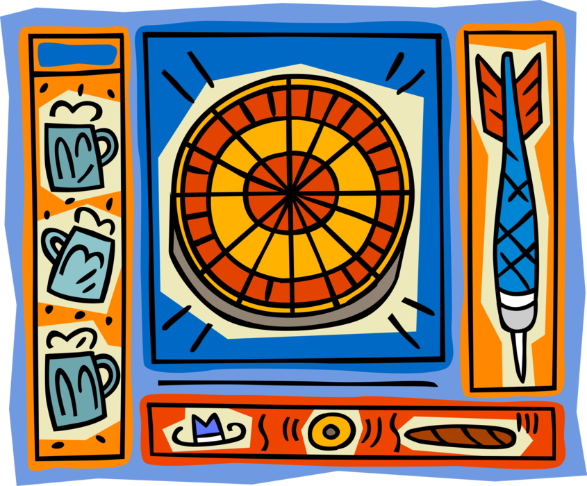 Vector Illustration of Traditional Pub Game with Darts and Alcohol Refreshment Beer