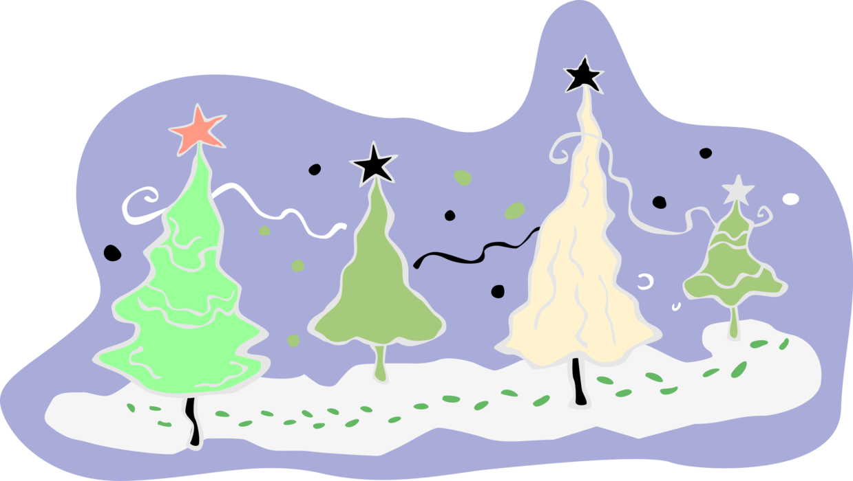 Vector Illustration of Festive Season Christmas Trees in Tree Farm with Stars