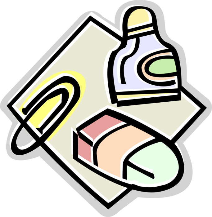 Vector Illustration of Paper Clip, Rubber Eraser and Opaque Correction Fluid or White-Out Masks Errors in Text